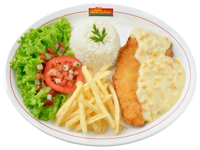 Chicken Milanesa All Creme de Milho, prato completo com acompanhamentos