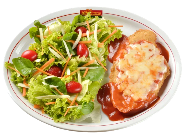 Chicken Filet Parmegiana, prato completo com acompanhamentos